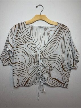 Meo Meli Italy Linen Abstract Line Art Crop Top Ranched Drawstring V-Neck Top
